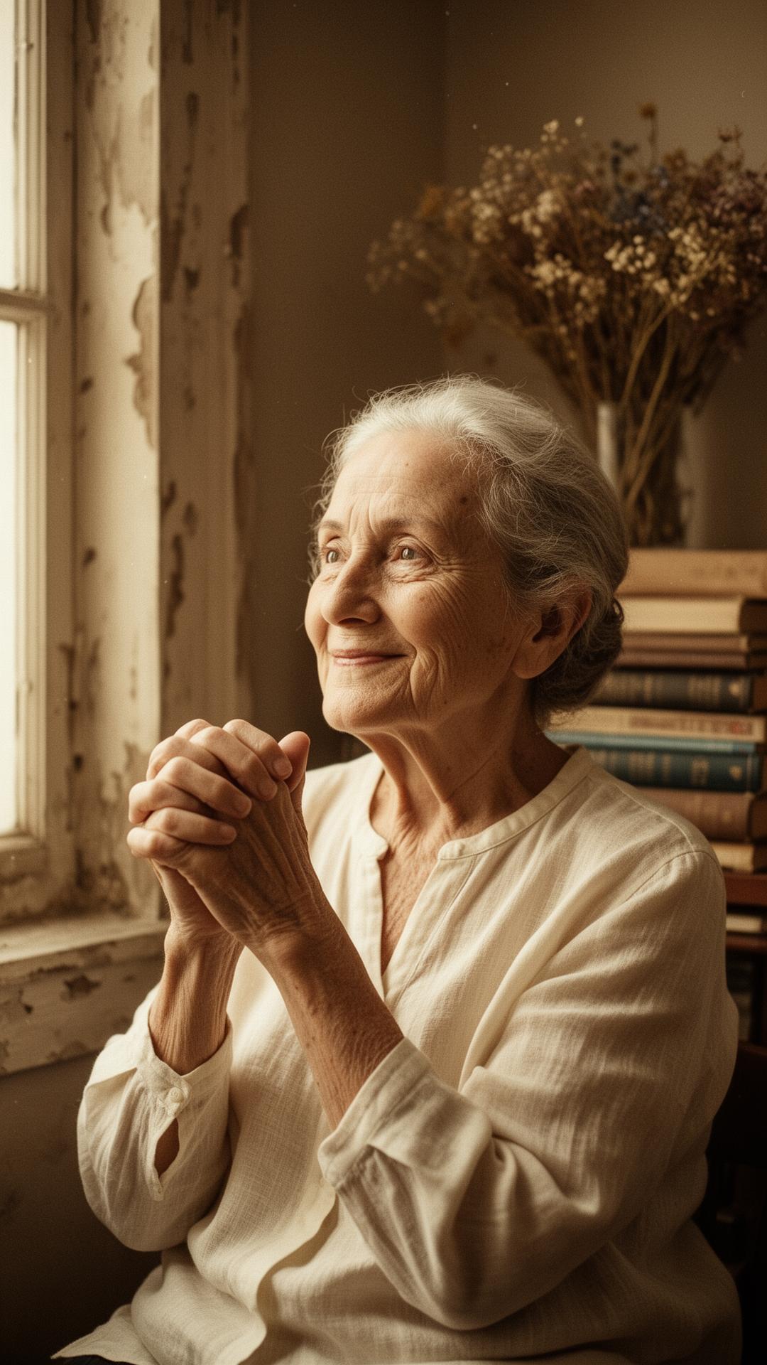 A woman in soft window light, hands clasped, sharing her story
